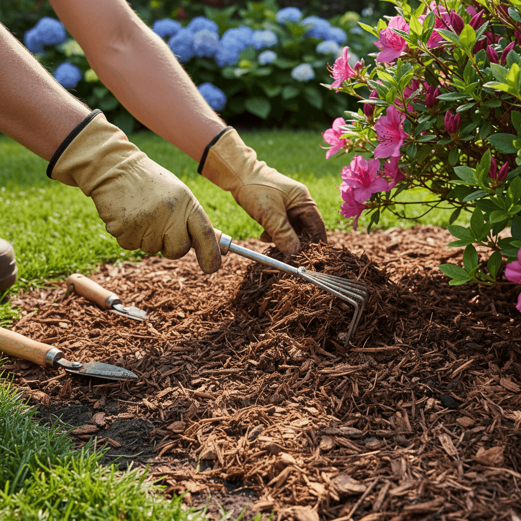 Hands in gardening gloves pulling weeds from a garden bed