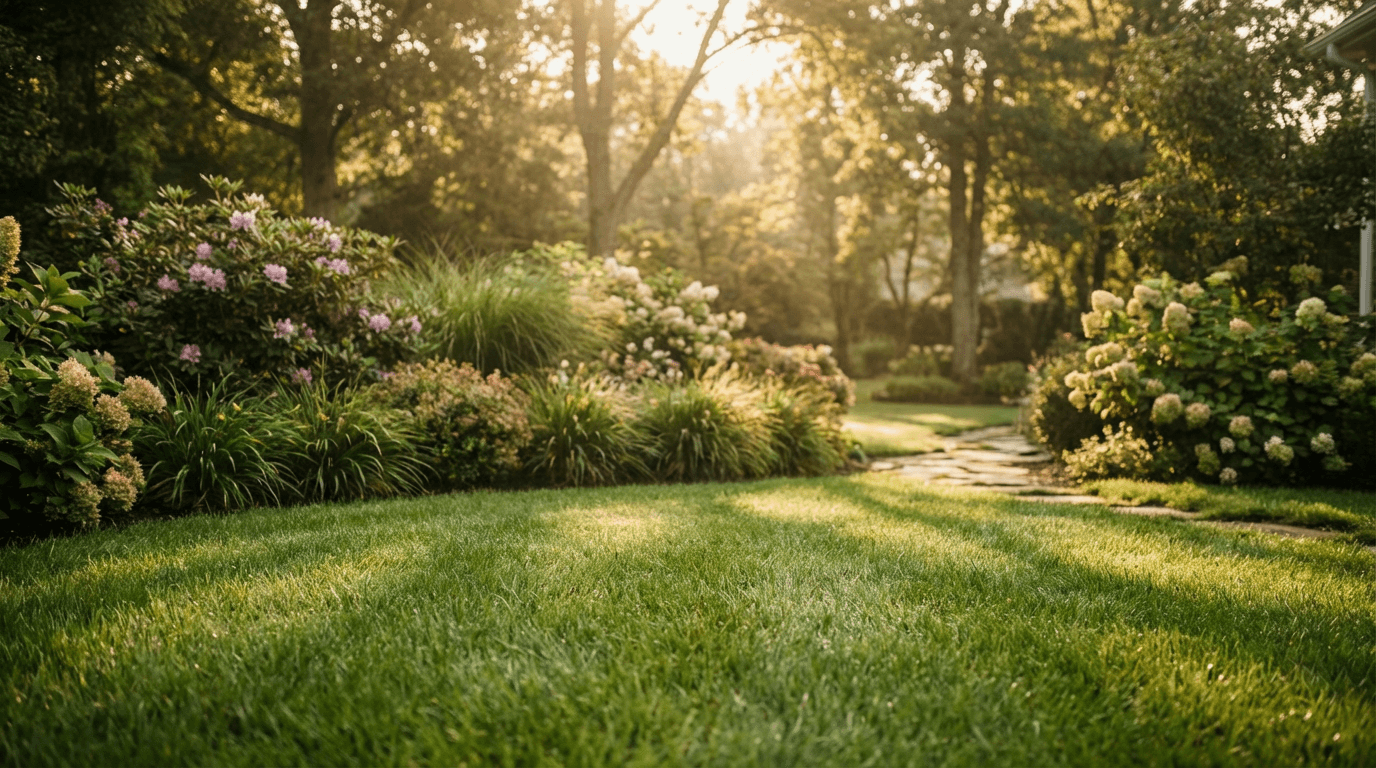 Tidy, inspection-ready garden with neatly edged beds and fresh mulch in a suburban backyard