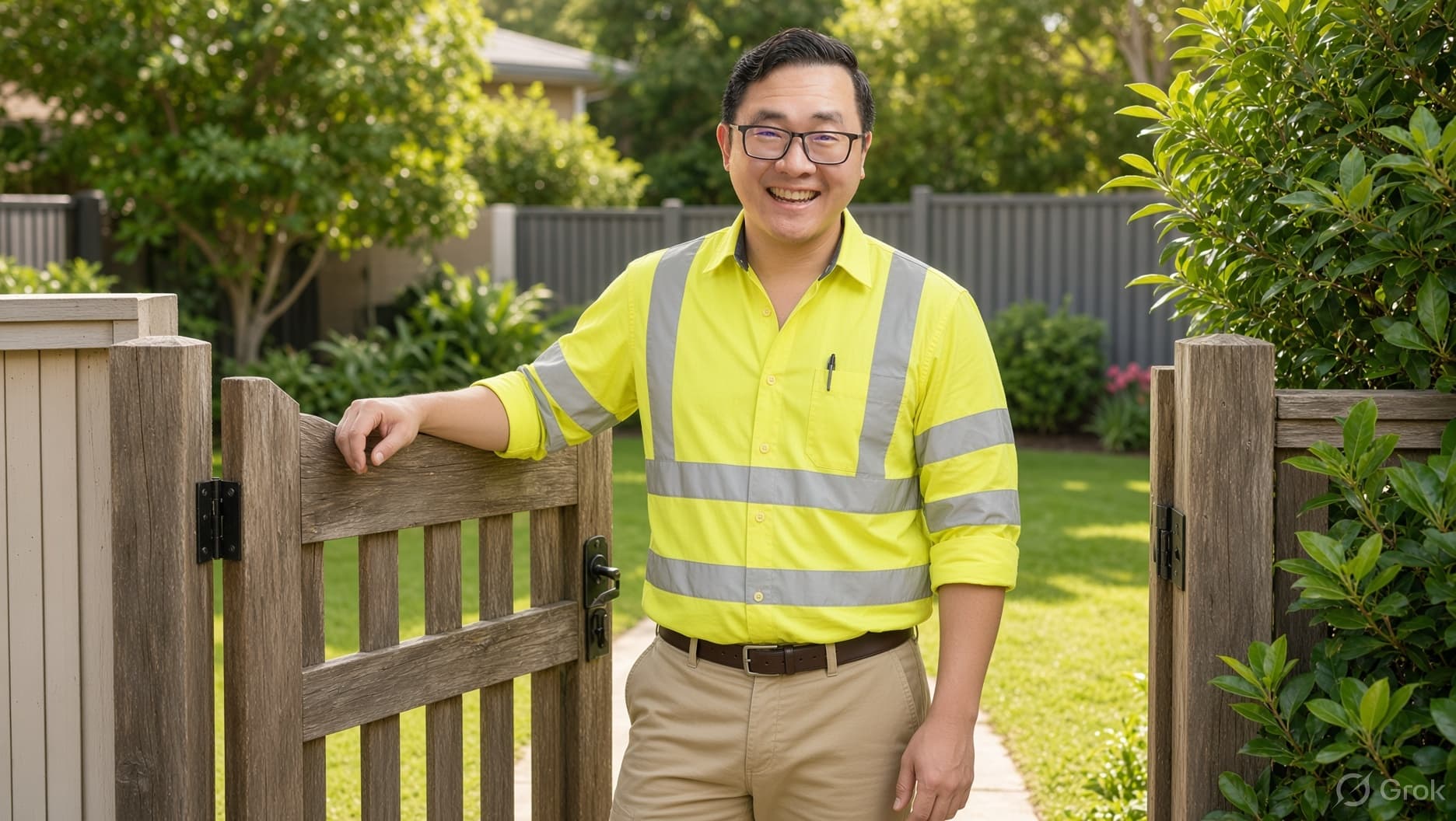 Smiling man in a yellow high-visibility shirt stands by an open wooden garden gate.