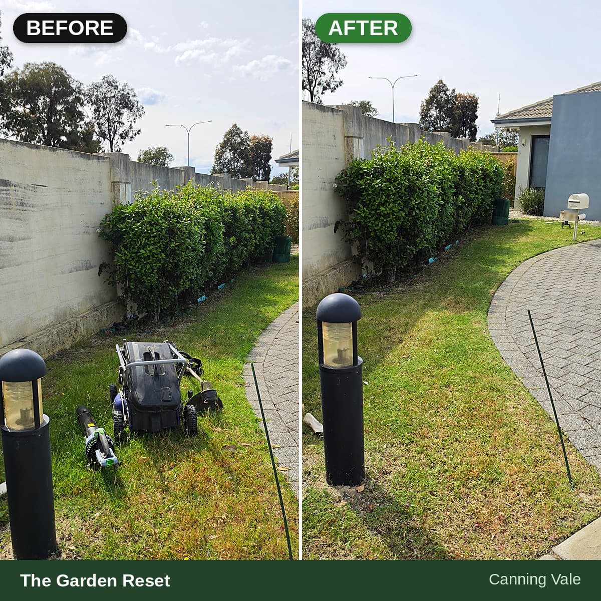 Side-by-side comparison of an overgrown lawn and bushes transformed into a neatly manicured garden space.