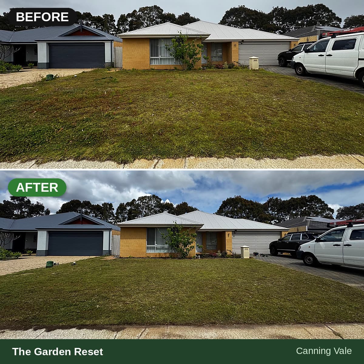 Patchy front lawn before and after being restored to a neatly mown green yard.