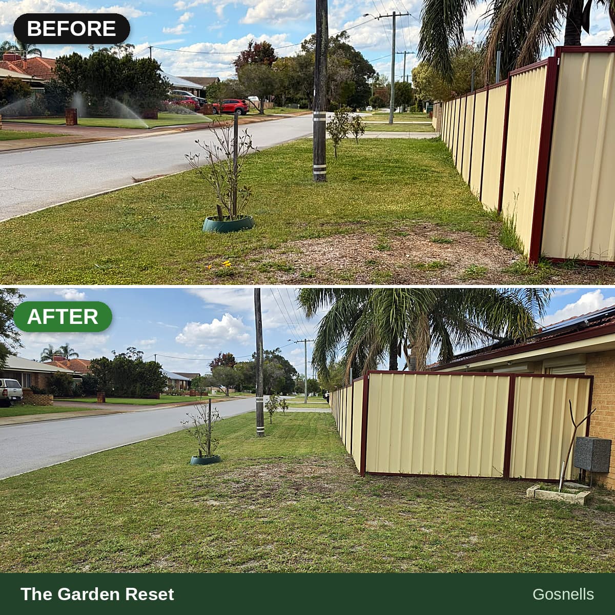 Before and after comparison of a neatly mowed lawn and fence in a suburb.