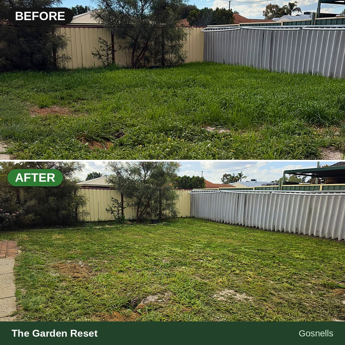 Before and after at 43 Sandridge Street, Gosnells โ overgrown weedy backyard transformed into a neatly mowed lawn