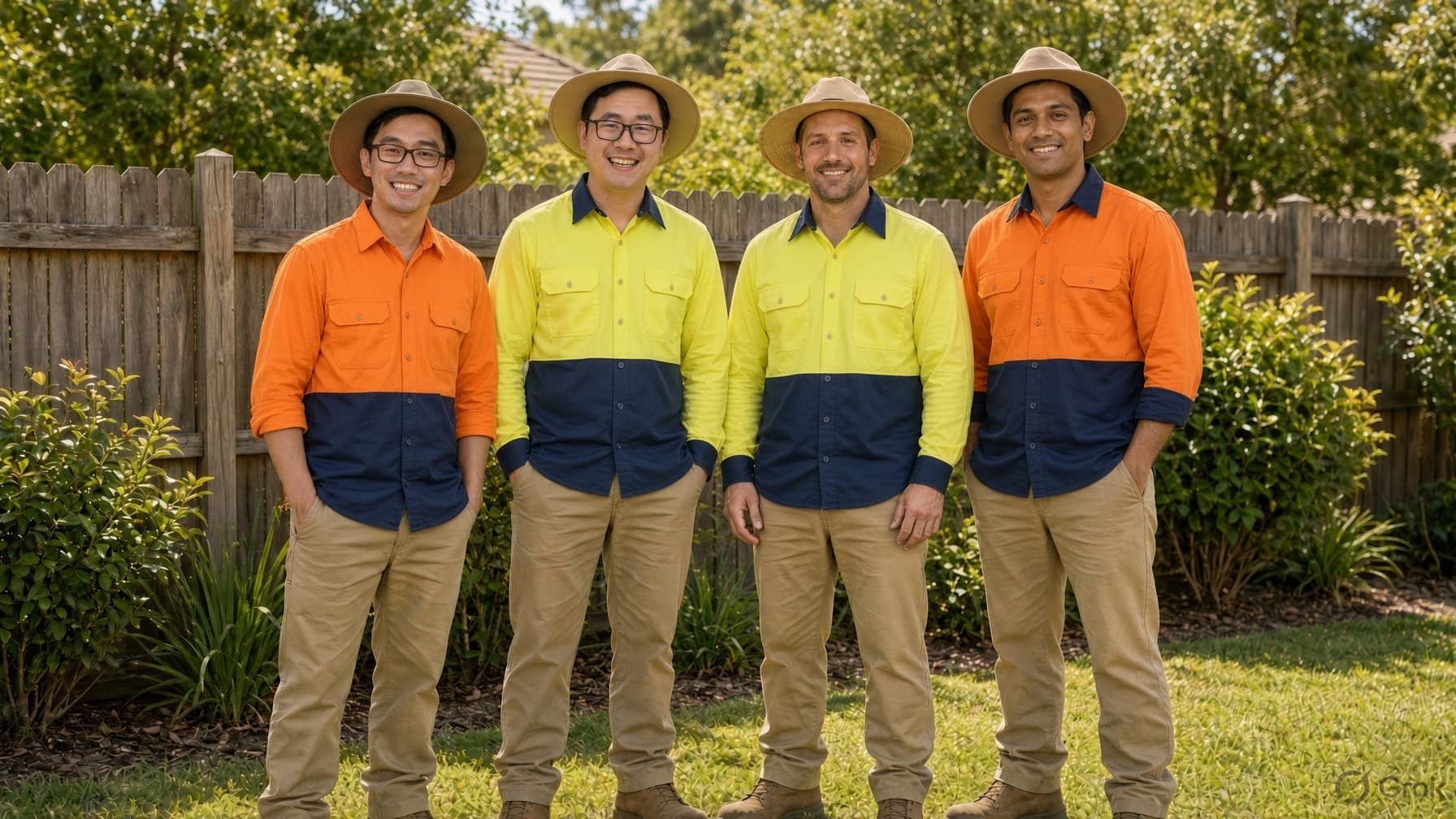 Four smiling men in high-visibility work shirts and wide-brimmed hats standing in a sunny backyard.
