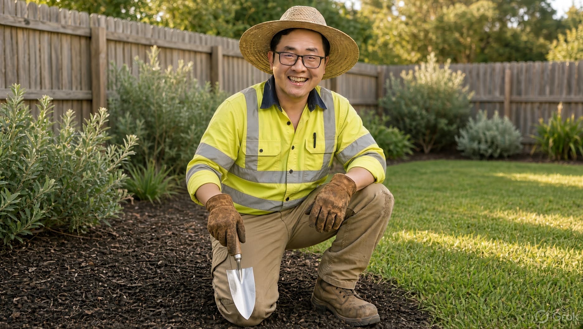 Smiling man in high-visibility shirt and straw hat kneels in garden holding a trowel.