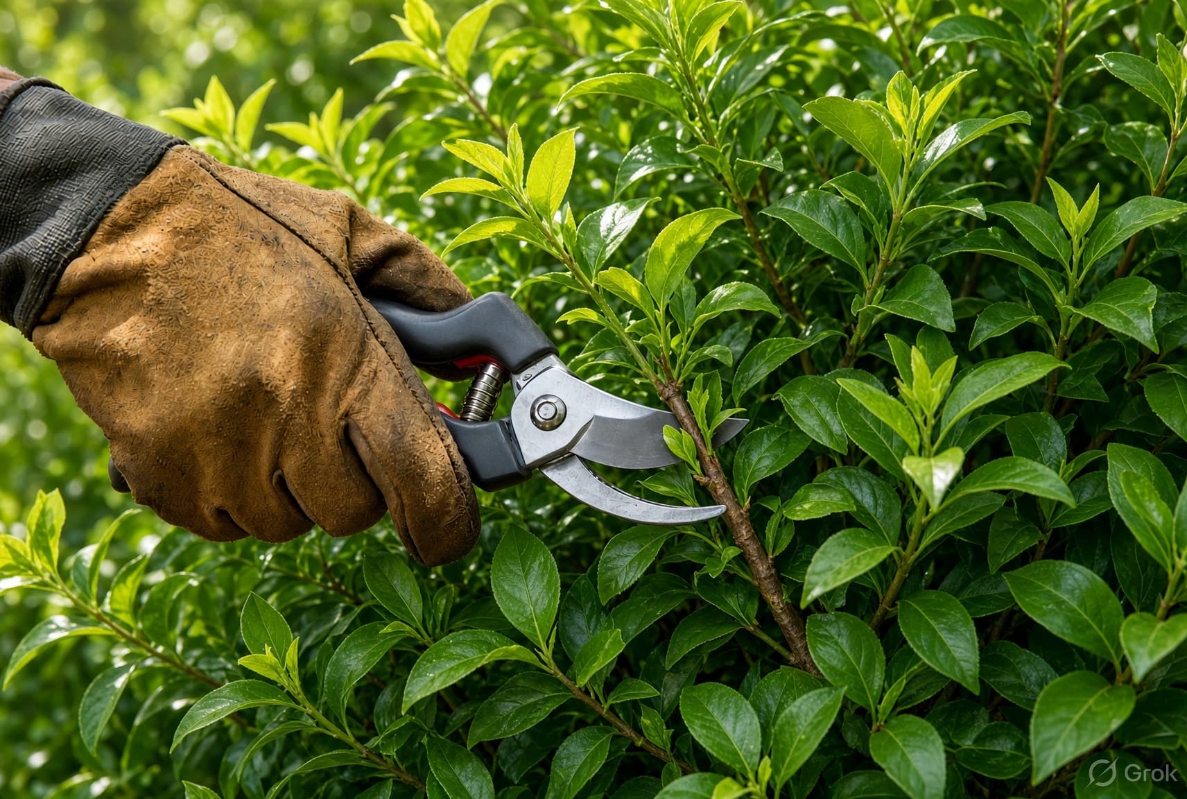 Gloved hand using metal pruning shears to trim a branch on a green bush.