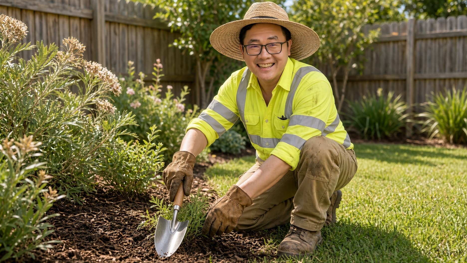 Smiling man in high-visibility gear and straw hat gardening with a trowel outdoors.