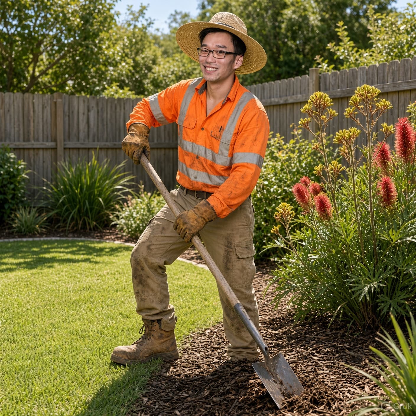 Smiling man in orange high-visibility gear and straw hat shoveling mulch in a garden.